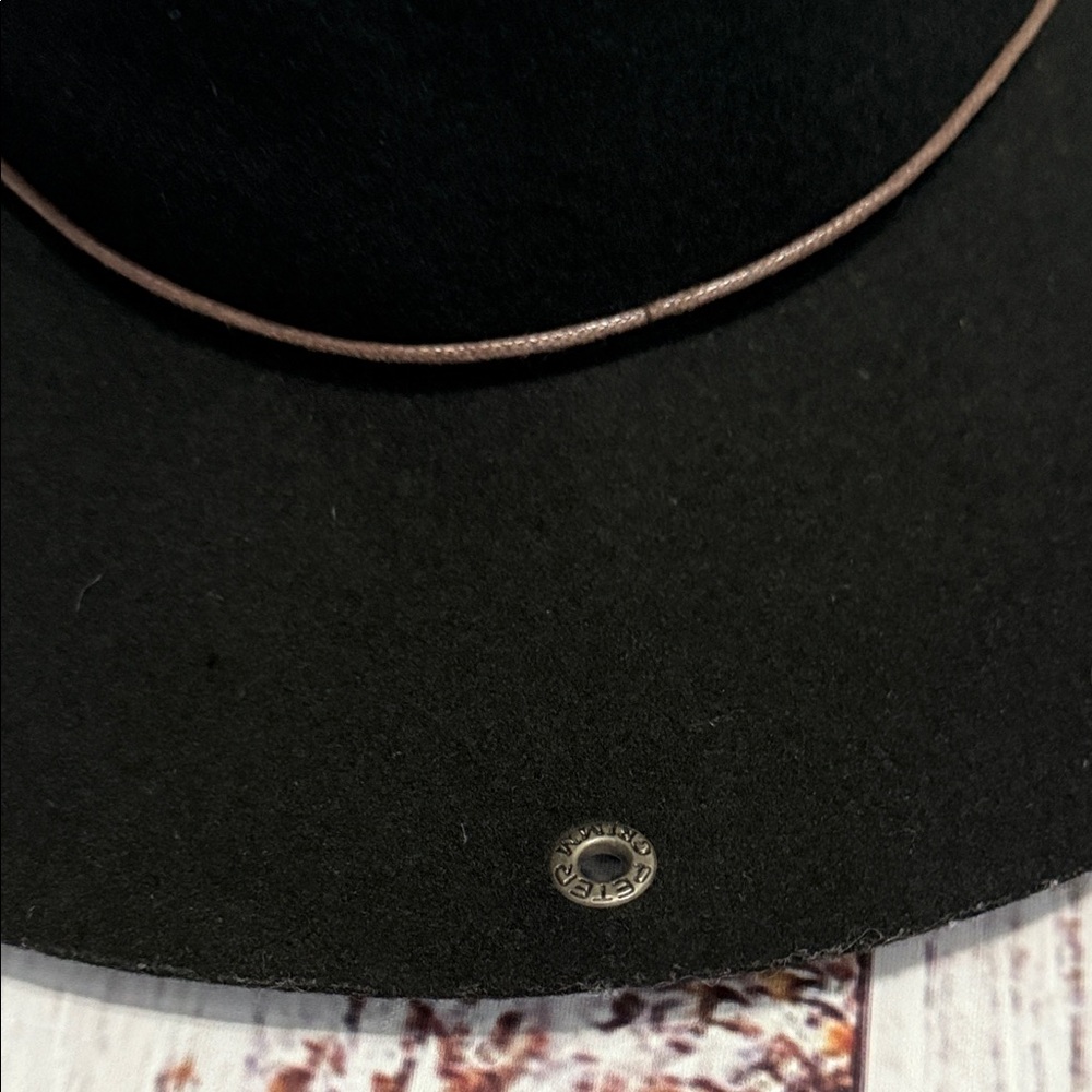 PETER GRIMM Black Wide Brim Wool Fedora Hat with Brown Leather Cord - Picture 5 of 15